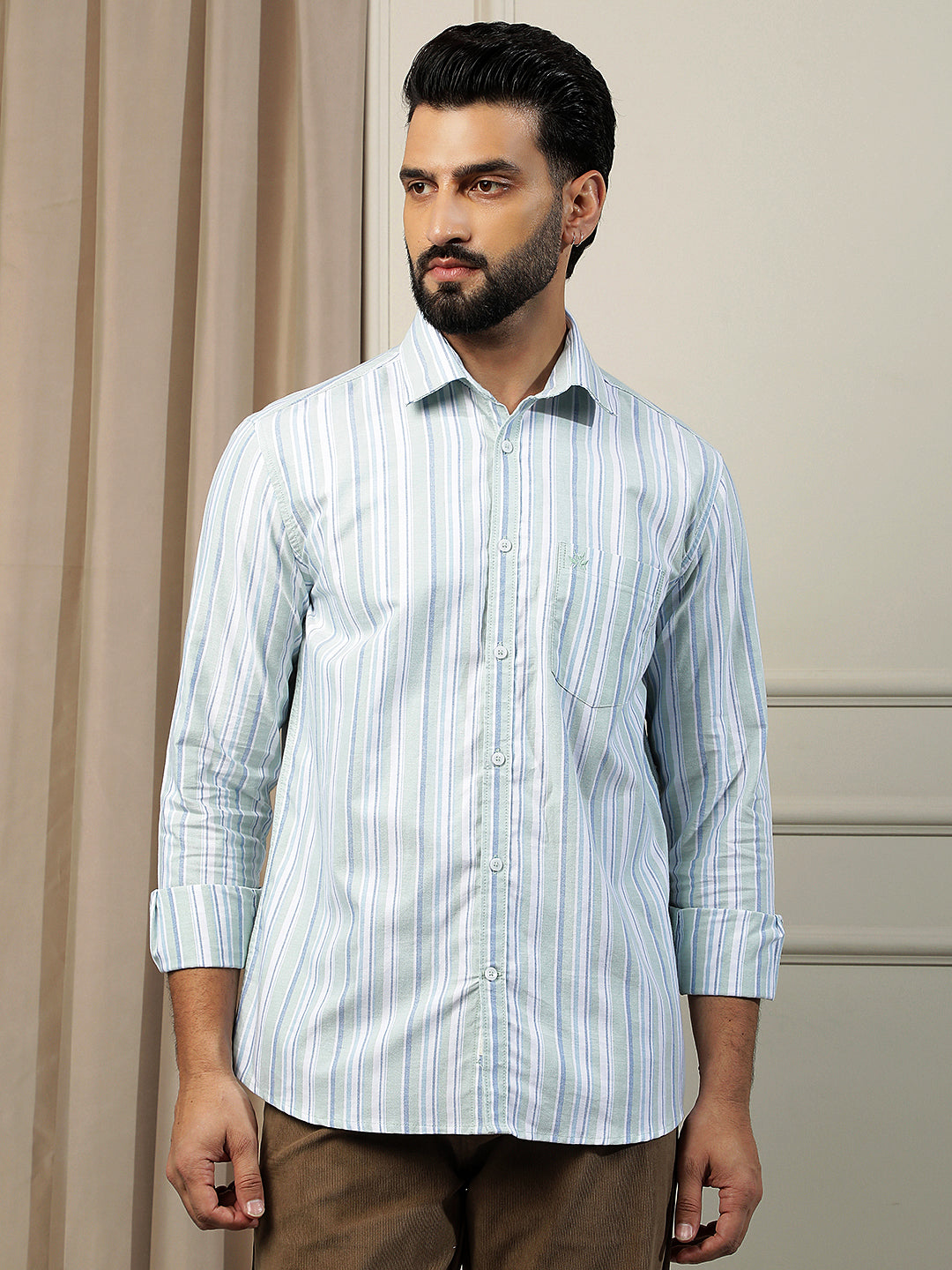 Green Vertical Stripes 100% Cotton Shirt