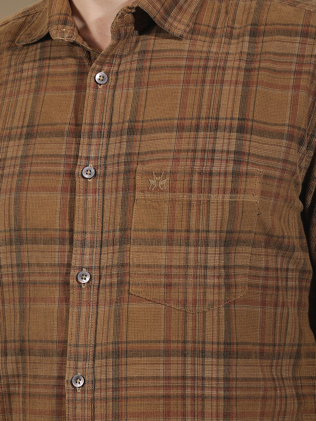 Brown Checked 100% Cotton Corduroy Shirt
