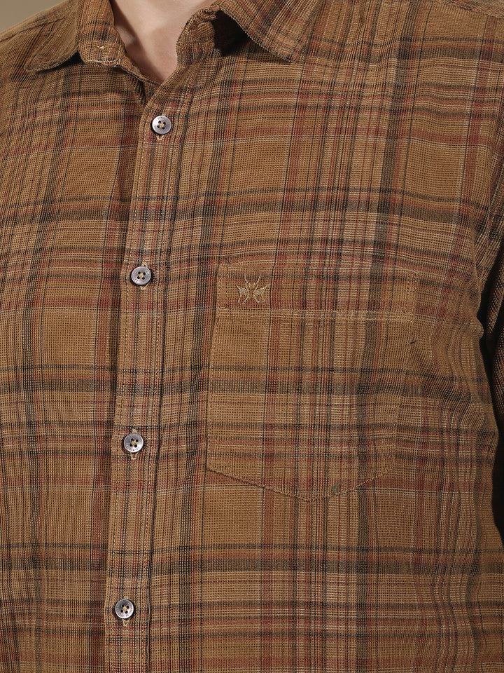 Brown Checked 100% Cotton Corduroy Shirt