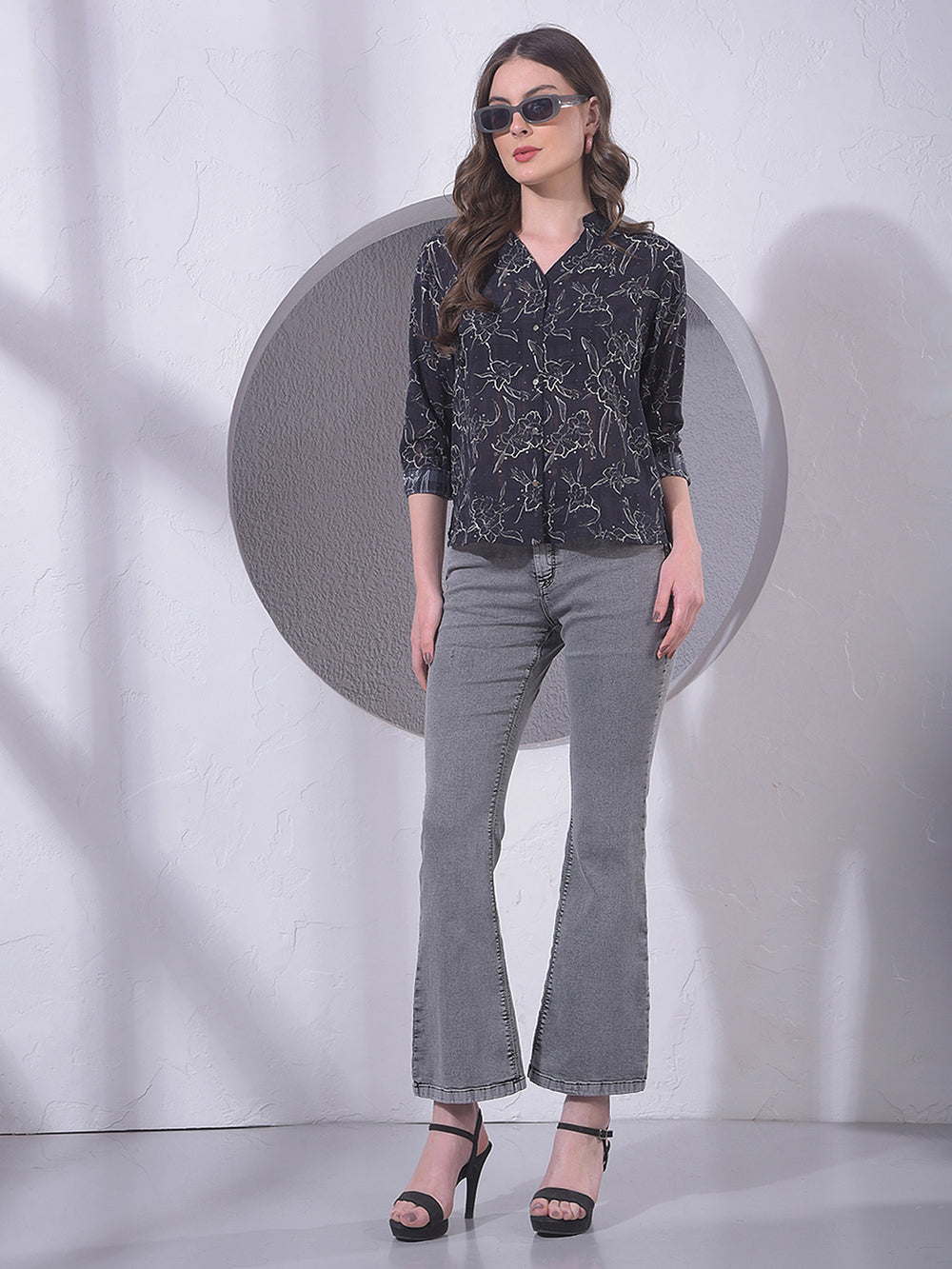 Black Floral Print V-Neck Shirt