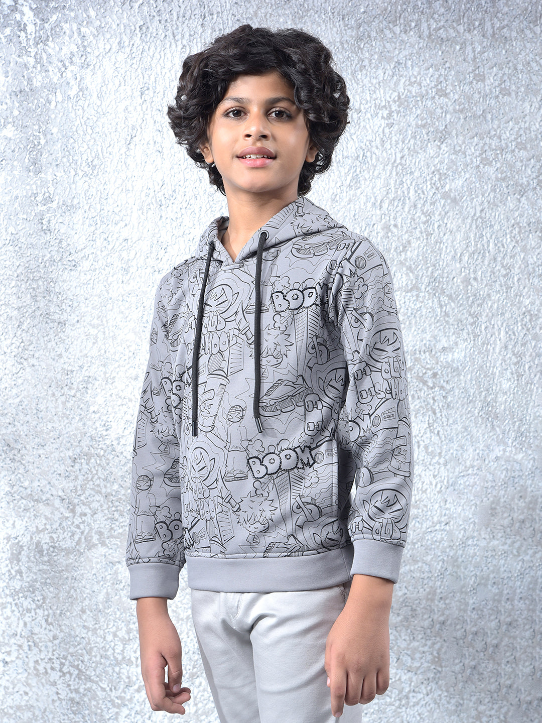 Grey Graphic Print Hooded Neck Sweatshirt