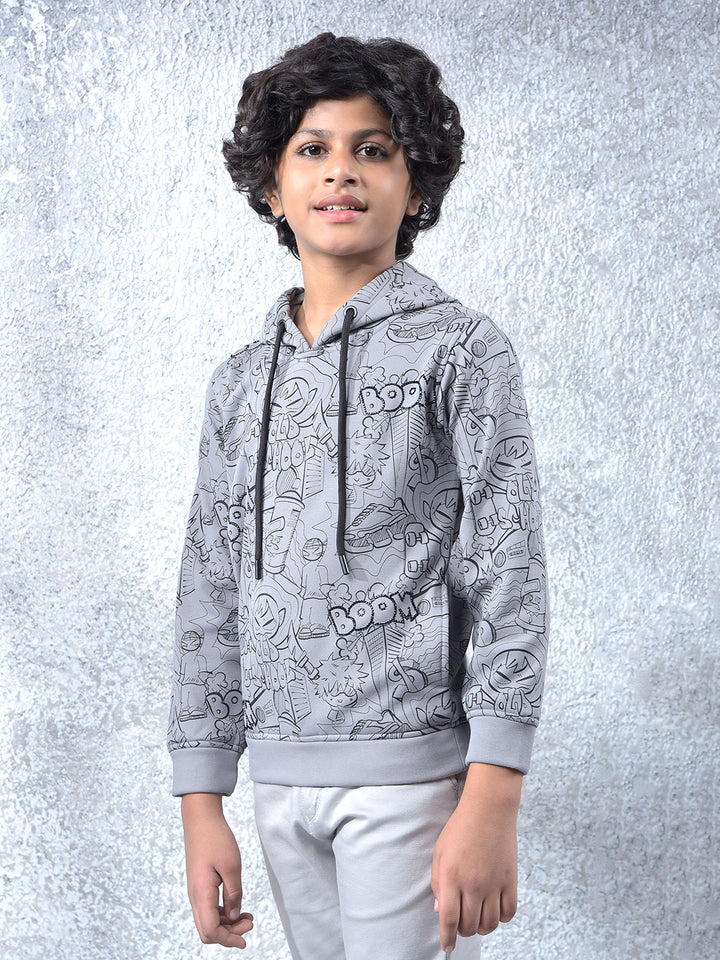 Grey Graphic Print Hooded Neck Sweatshirt