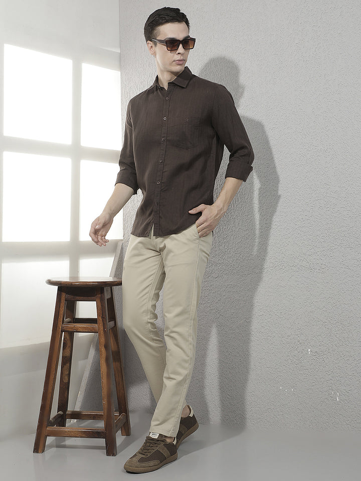 Brown Vertical Stripes Linen Shirt