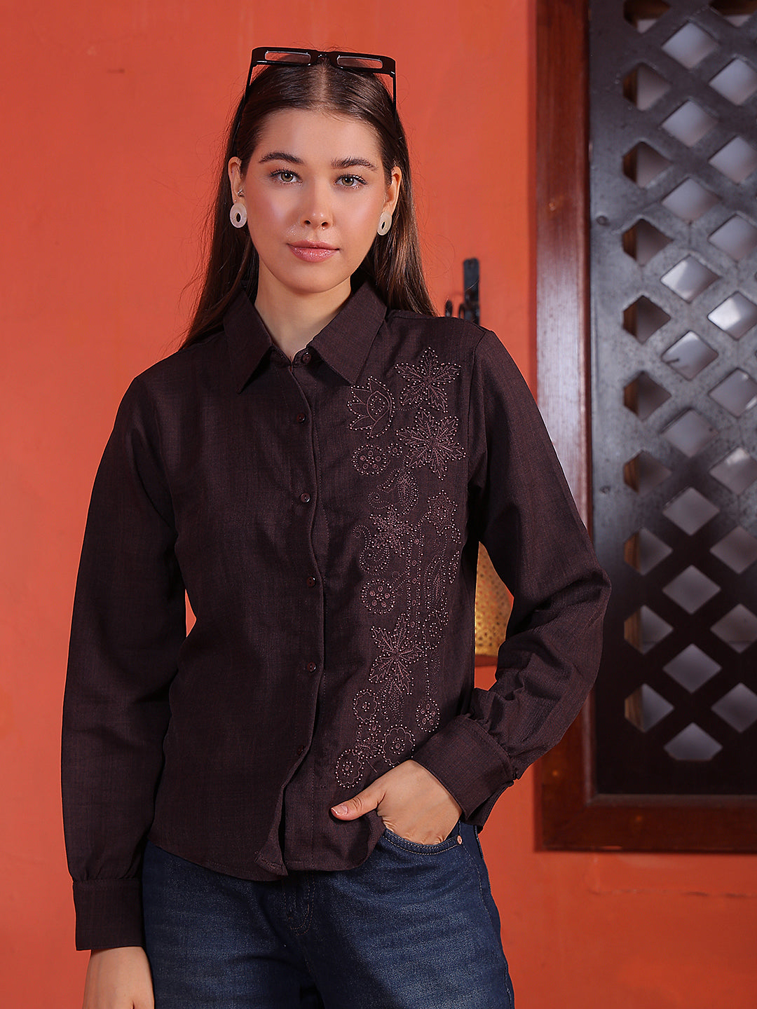 Brown Floral Embroidered Shirt