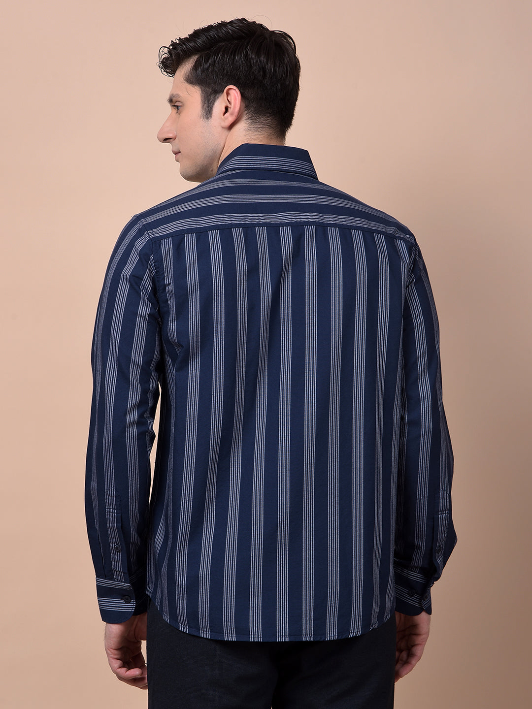 Navy Blue Vertical Stripes Button-Down Collar 100% Cotton Shirt