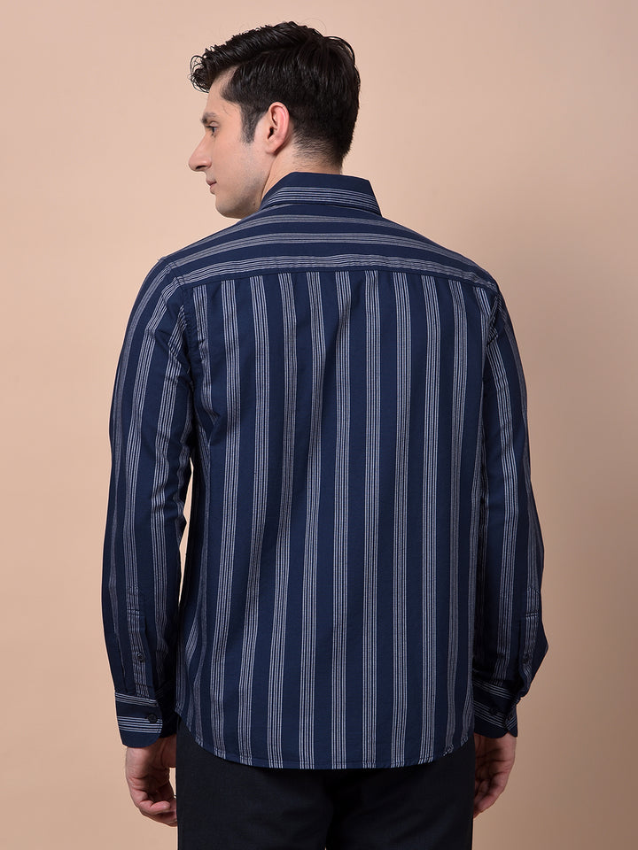 Navy Blue Vertical Stripes Button-Down Collar 100% Cotton Shirt