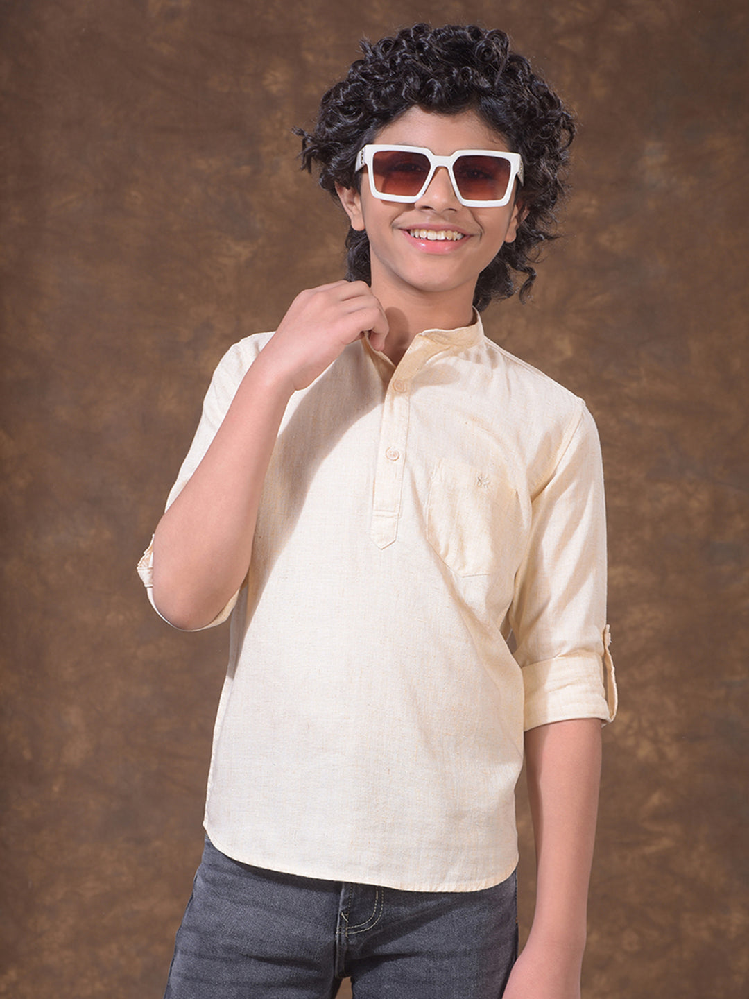 Cream Textured Linen Kurta