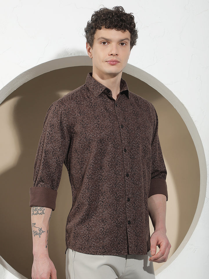 Brown Printed Linen Shirt