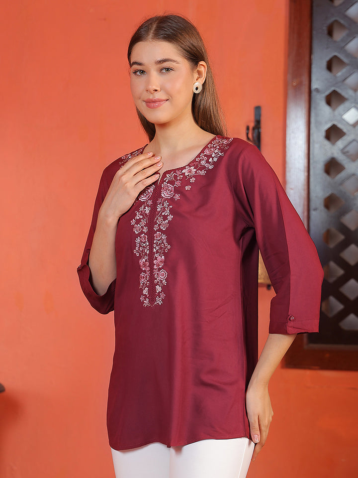 Maroon Embroidered Crew Neck Top