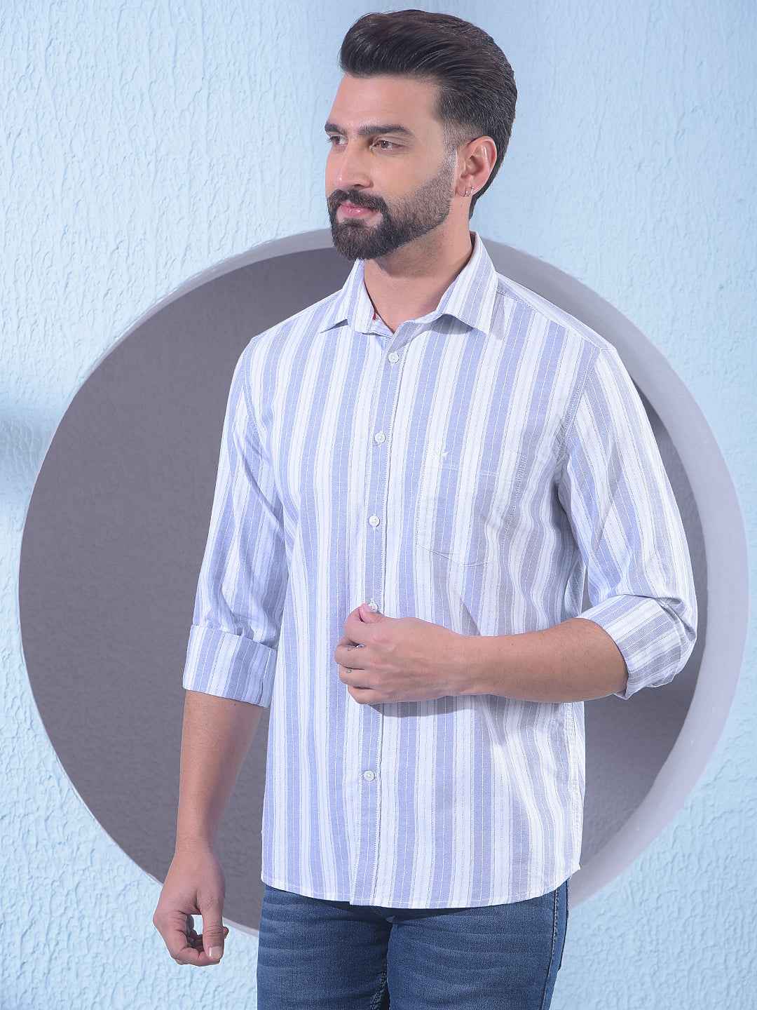 Grey 100% Cotton Vertical Stripes Shirt