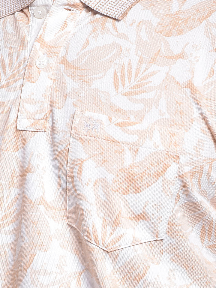 Peach Floral Print Polo-Neck T-Shirt