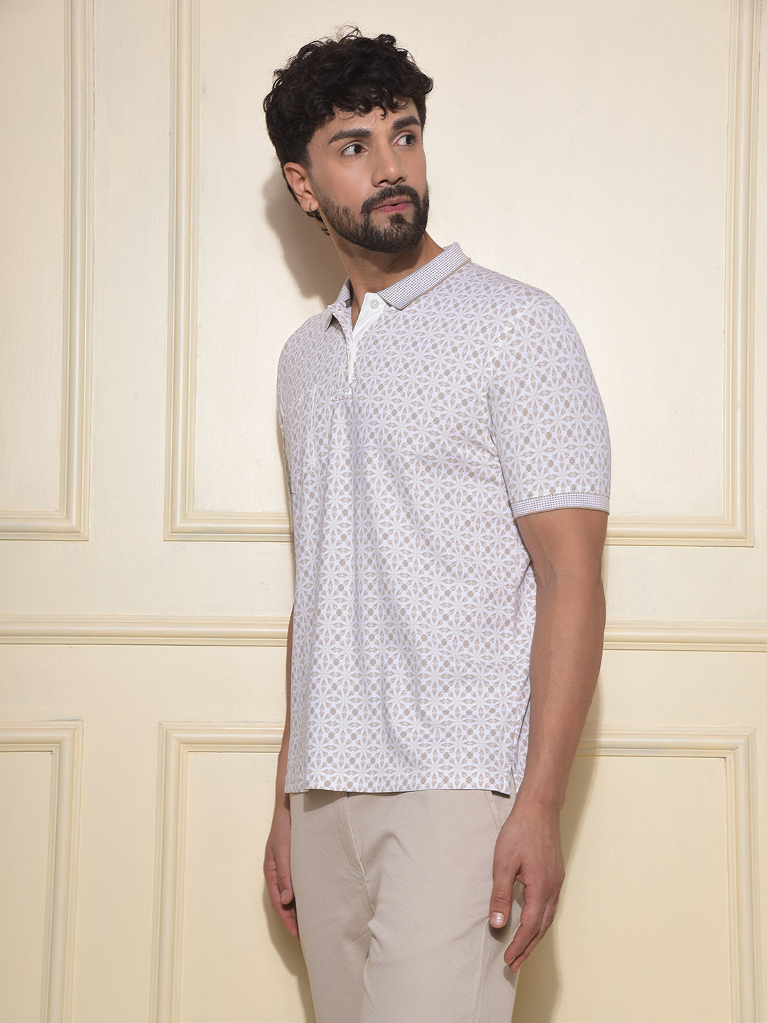 Beige Printed Polo-Neck T-Shirt