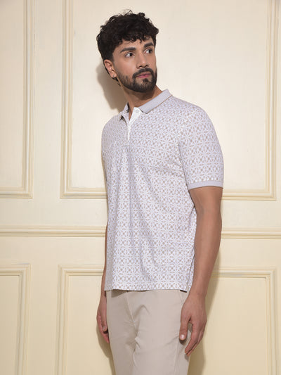 Beige Printed Polo-Neck T-Shirt