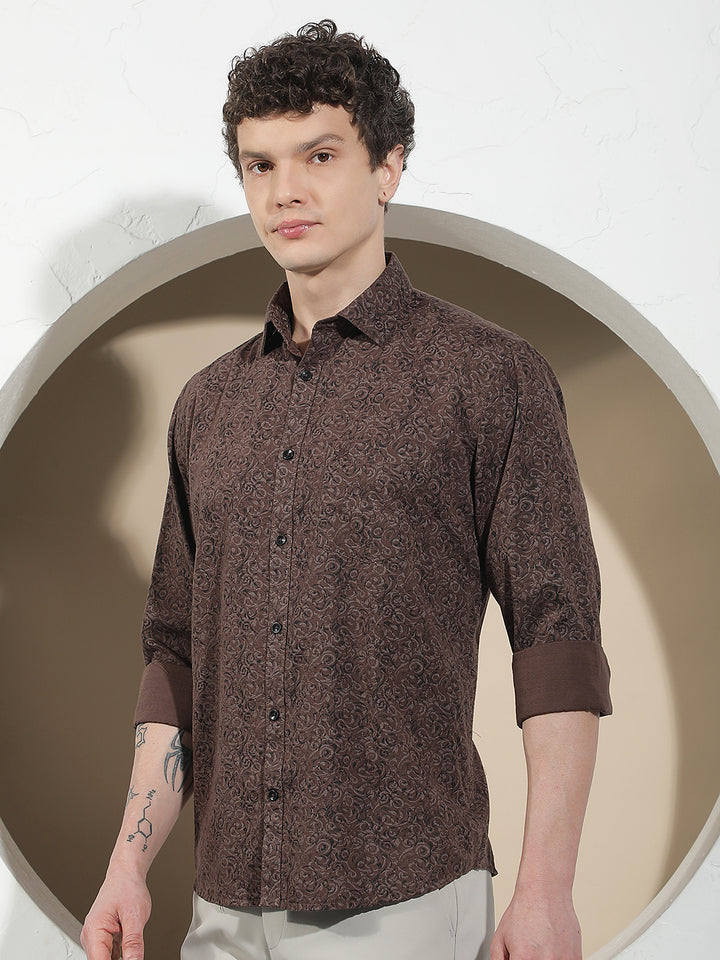 Brown Printed Linen Shirt