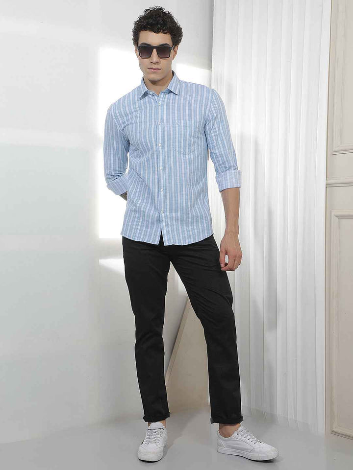 Blue Vertical Striped 100% Cotton Shirt