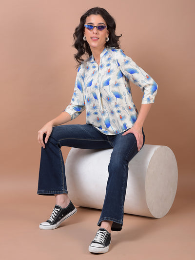 Blue Floral Print V-Neck Top