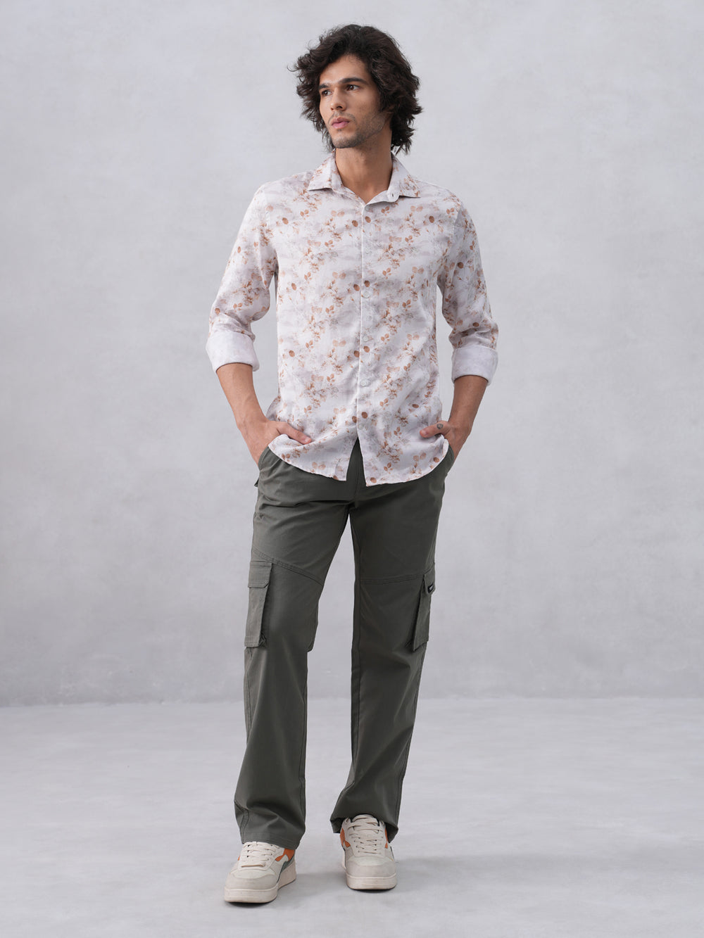 Peach Floral Print Linen Shirt