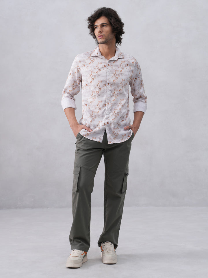 Peach Floral Print Linen Shirt