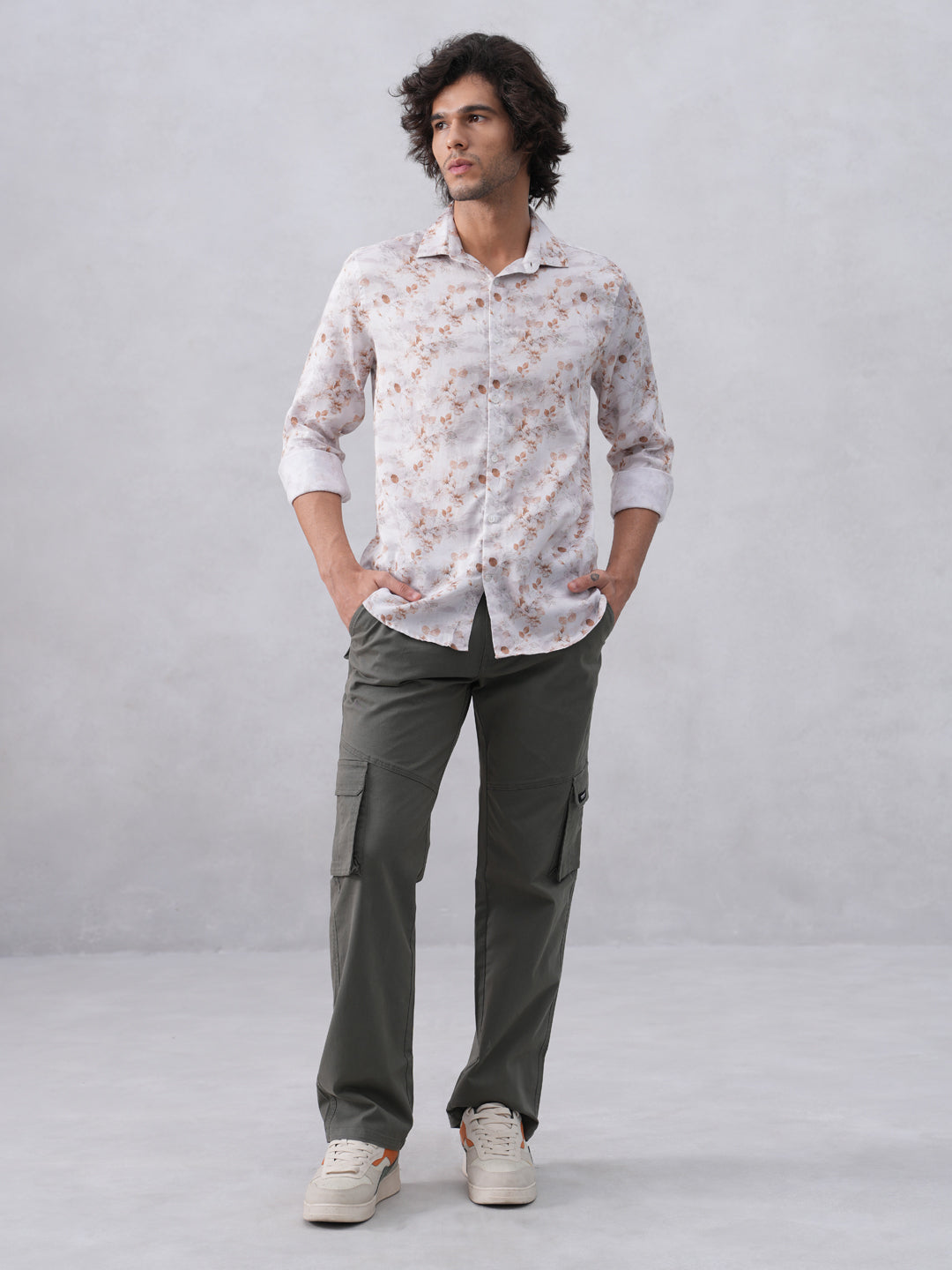 Peach Floral Print Linen Shirt