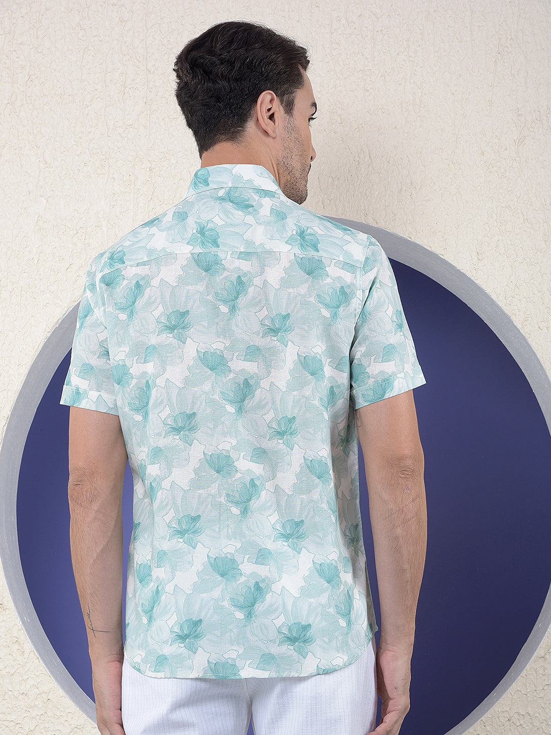 Green Floral Print Linen Shirt