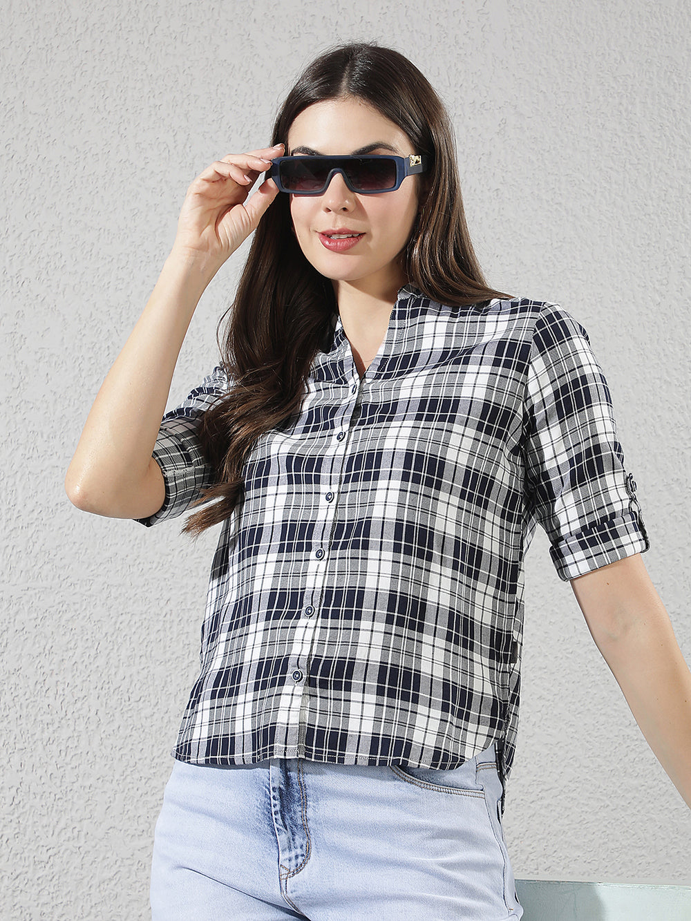 Navy Blue Checked V-Neck Shirt