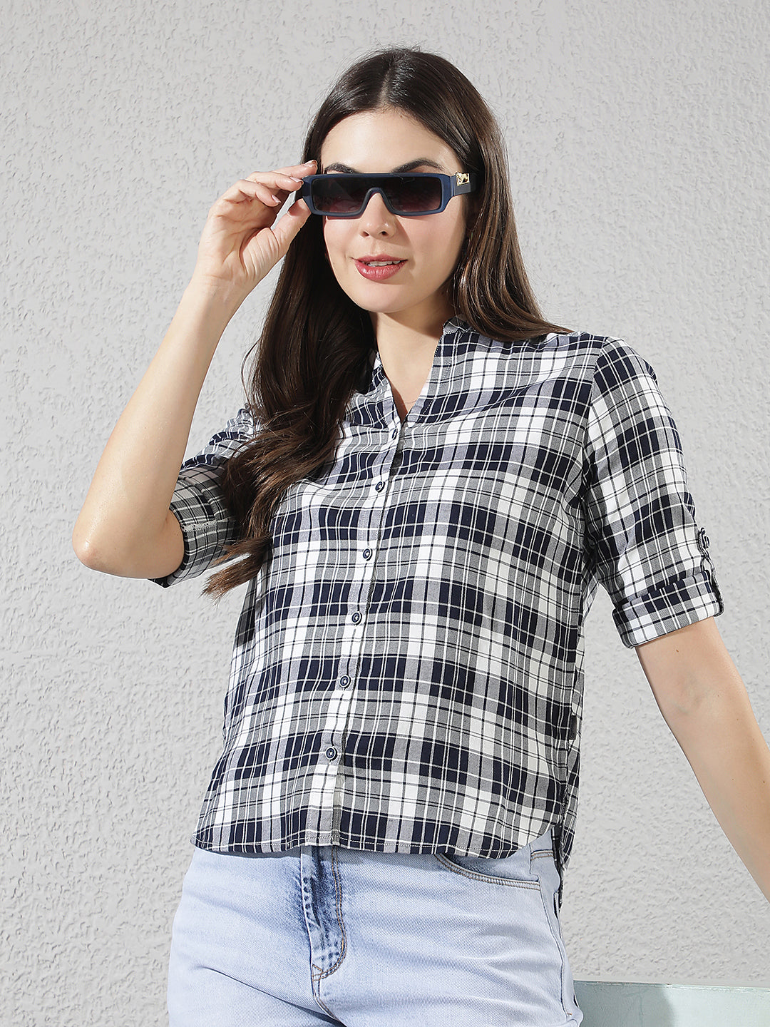 Navy Blue Checked V-Neck Shirt