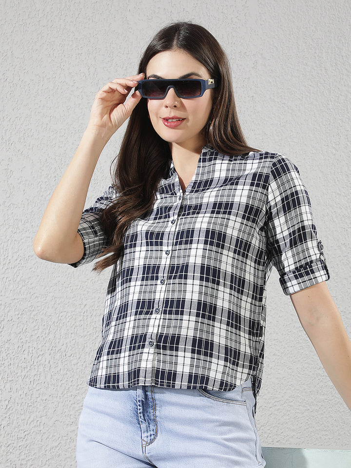 Navy Blue Checked V-Neck Shirt