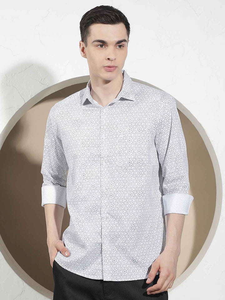 White Geometric Print 100% Cotton Shirt