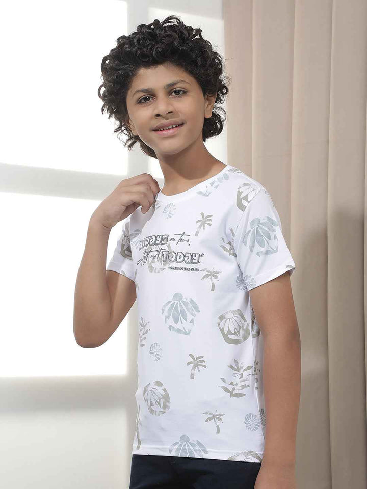 White Tropical Print Crew Neck T-Shirt