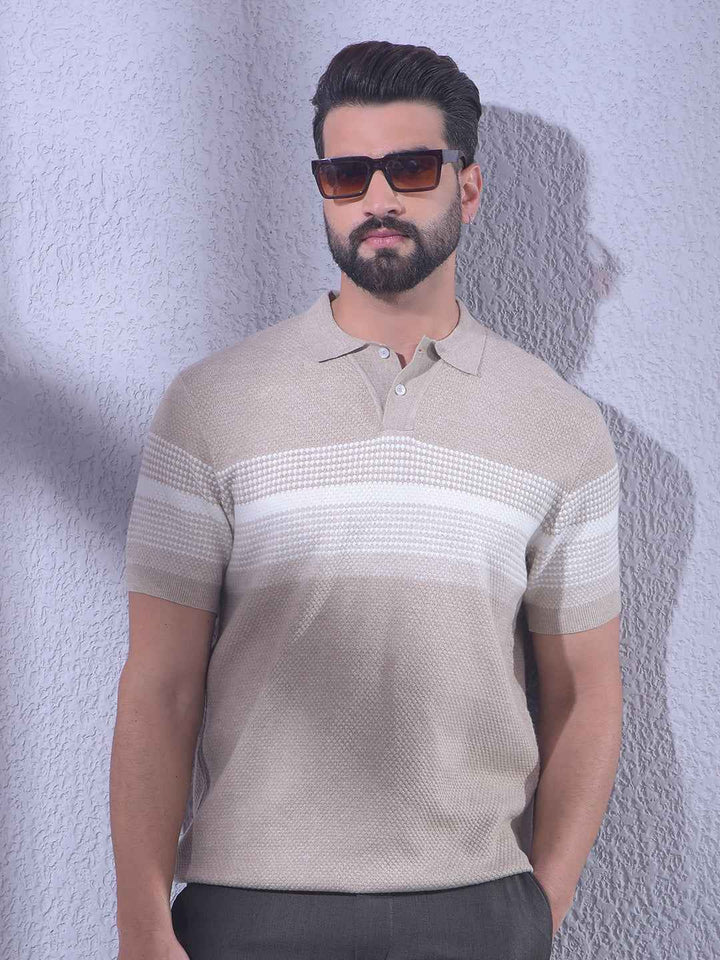 Beige Horizontal Stripes Knitted T-Shirt