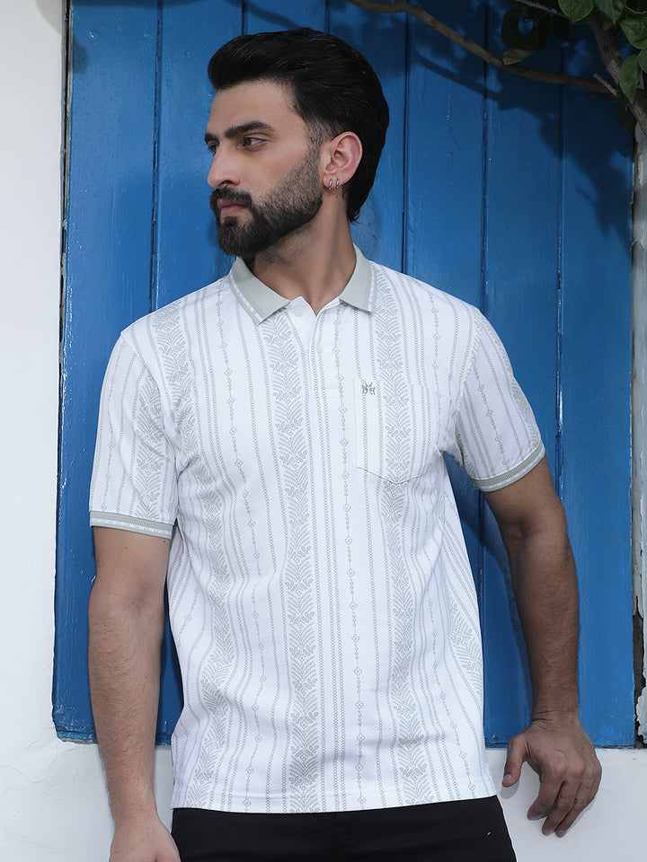 Green Botanical Print Polo Neck T-Shirt