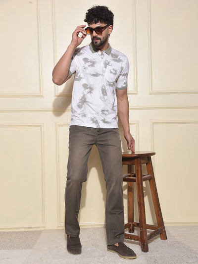 Olive Printed Polo-Neck T-Shirt