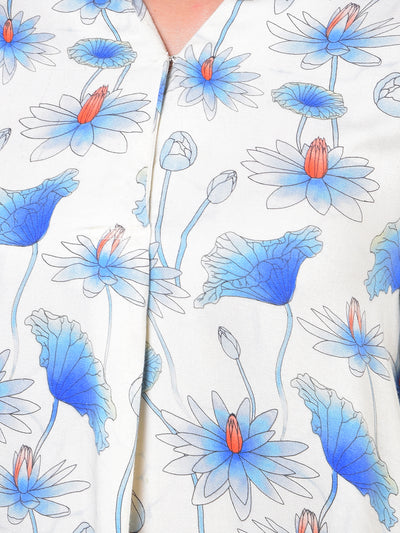 Blue Floral Print V-Neck Top