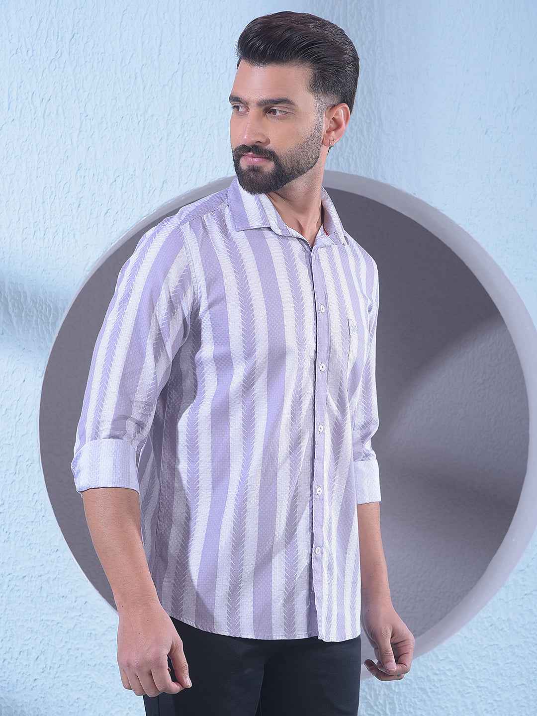 Purple 100% Cotton Vertical Stripes Shirt