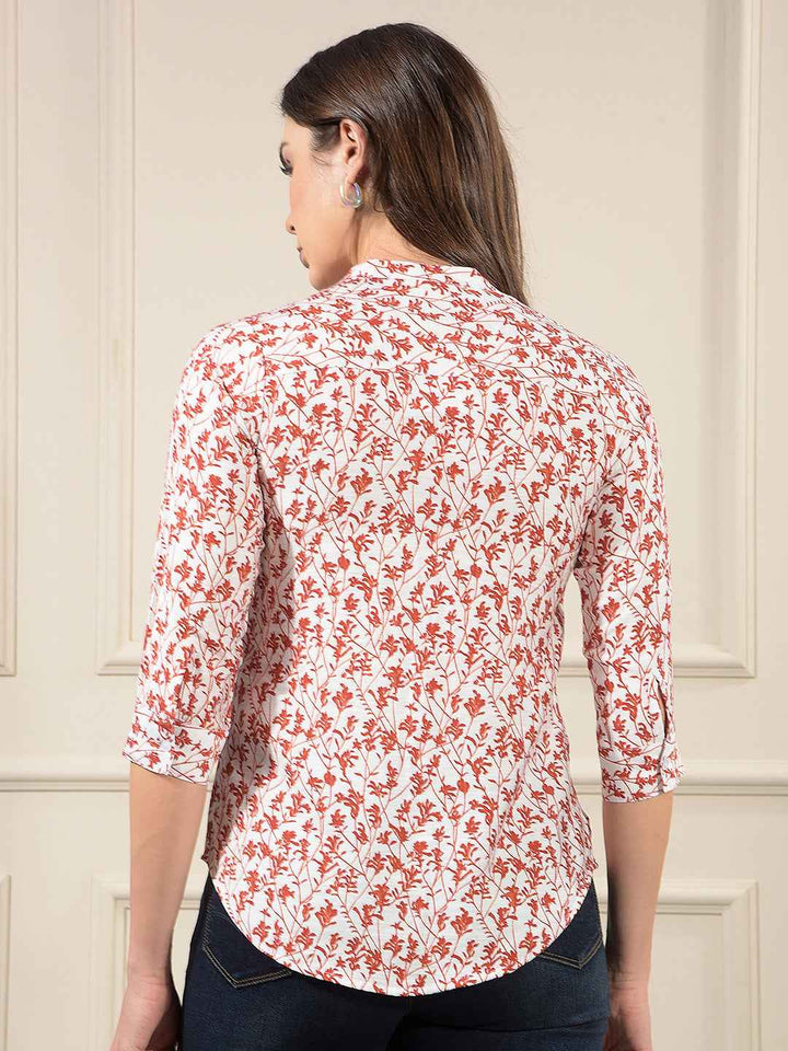 Red Floral Print V-Neck Shirt