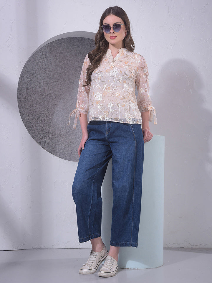 Peach Embroidered V-Neck Top