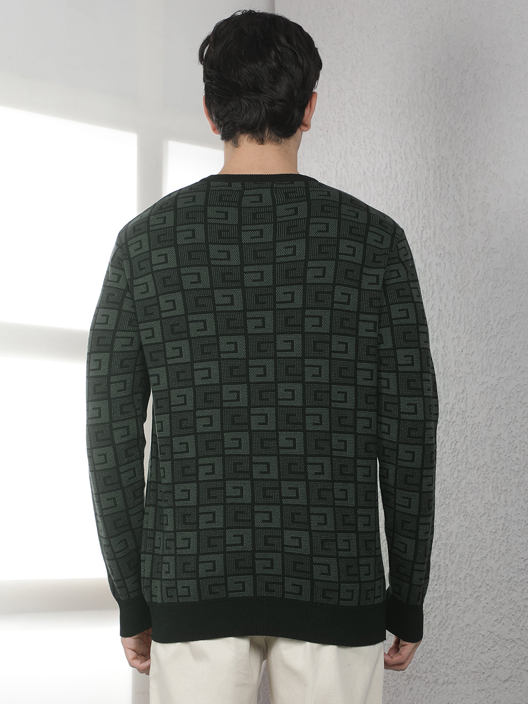 Green 100% Cotton Jacquard Round Neck Sweater