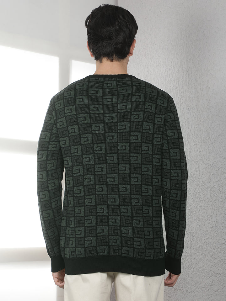 Green 100% Cotton Jacquard Round Neck Sweater