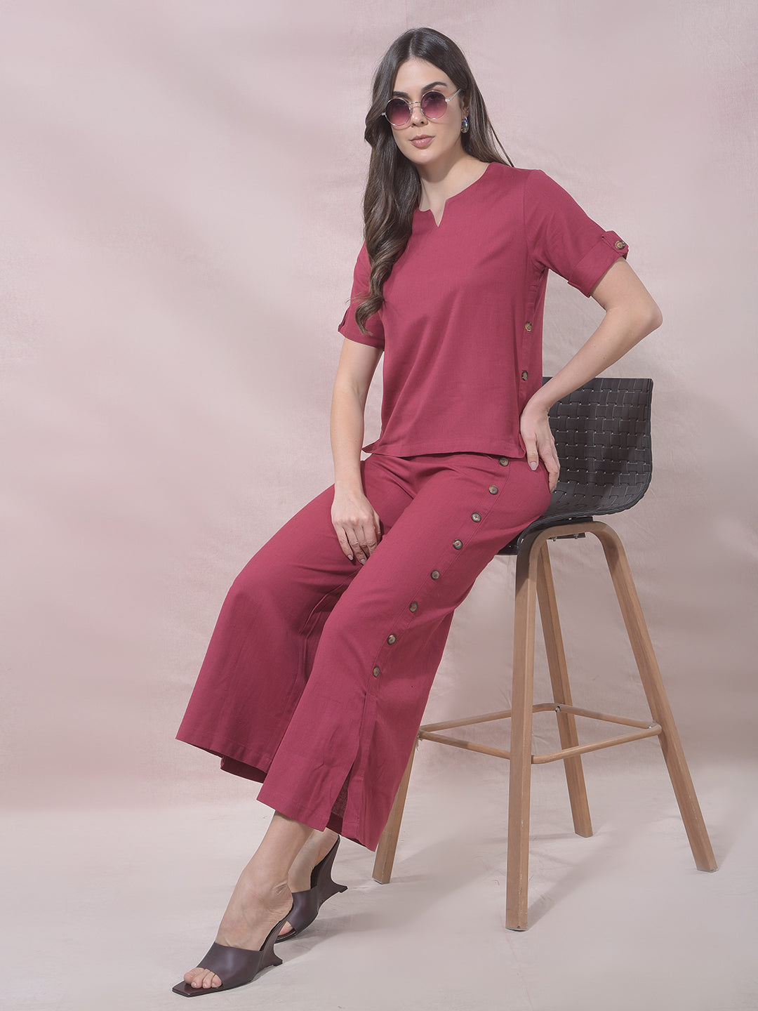 Maroon Wide Leg Casual Trousers