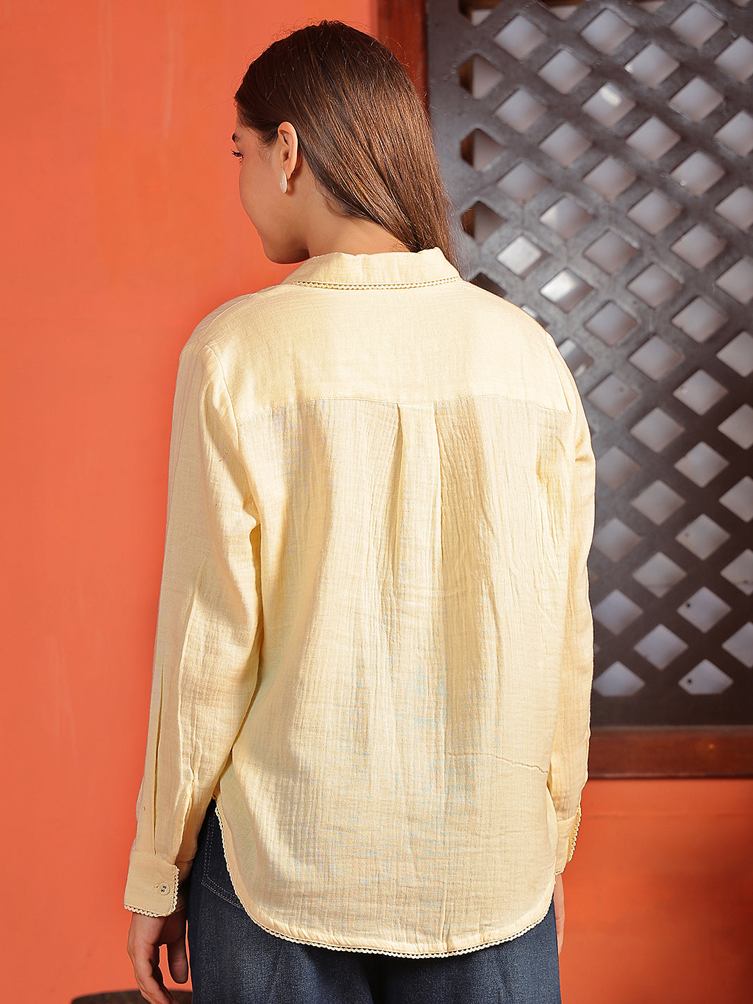 Lemon Floral Embroidered 100% Cotton Shirt