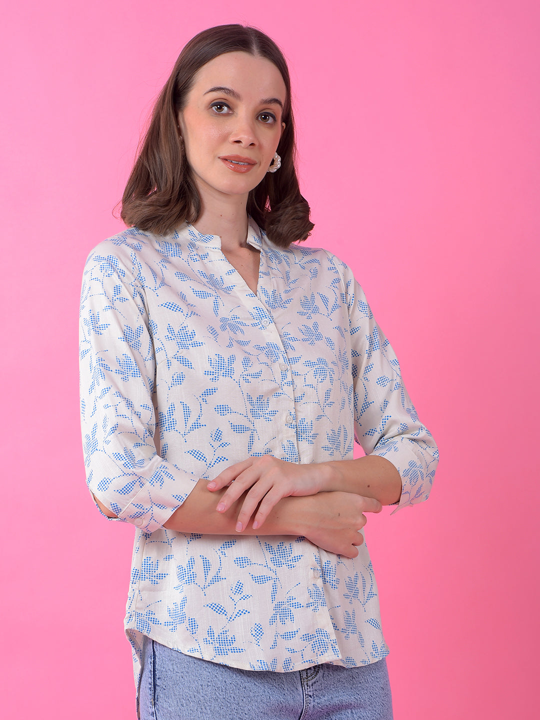 Blue Floral Print V-Neck Shirt