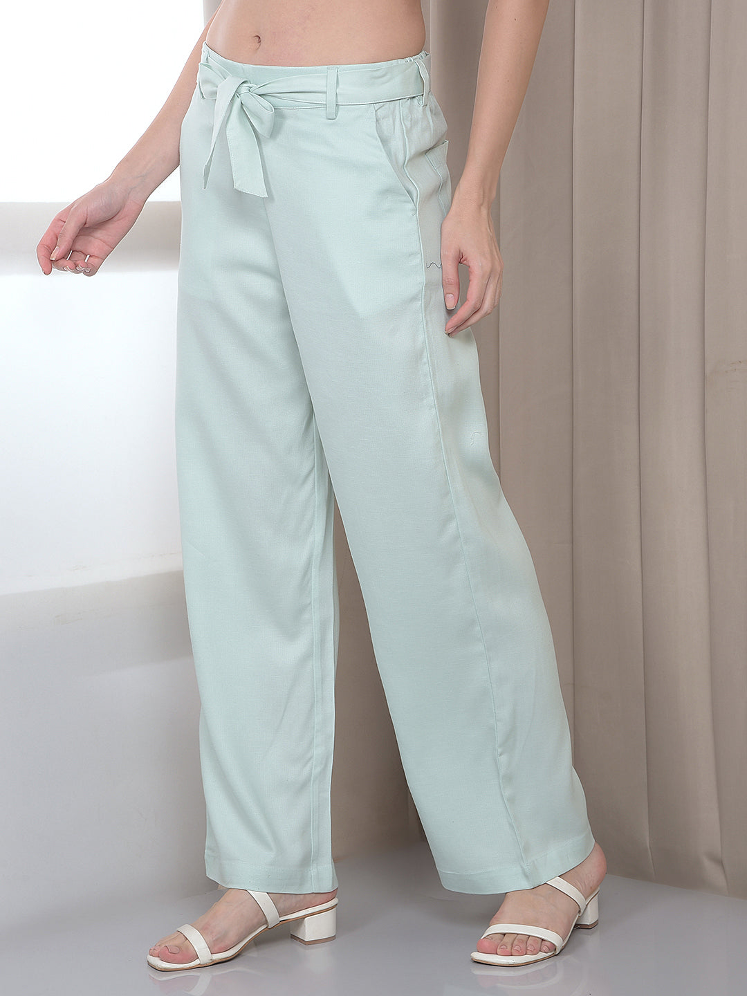 Green Wide Leg Casual Trousers With Belt