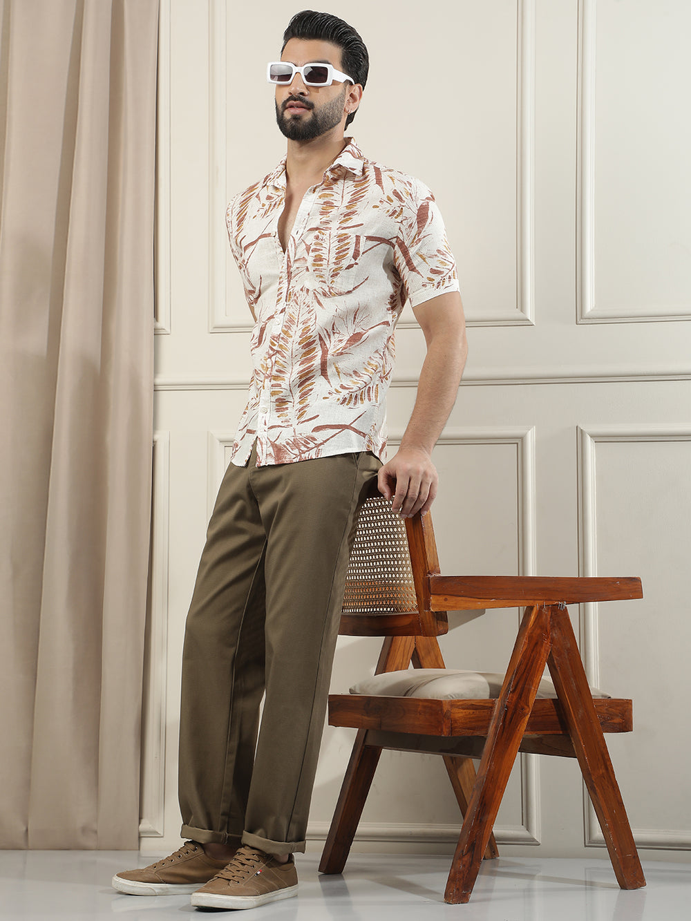 Red Floral Print Linen Shirt