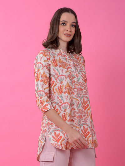 Orange Floral Print V-Neck Top