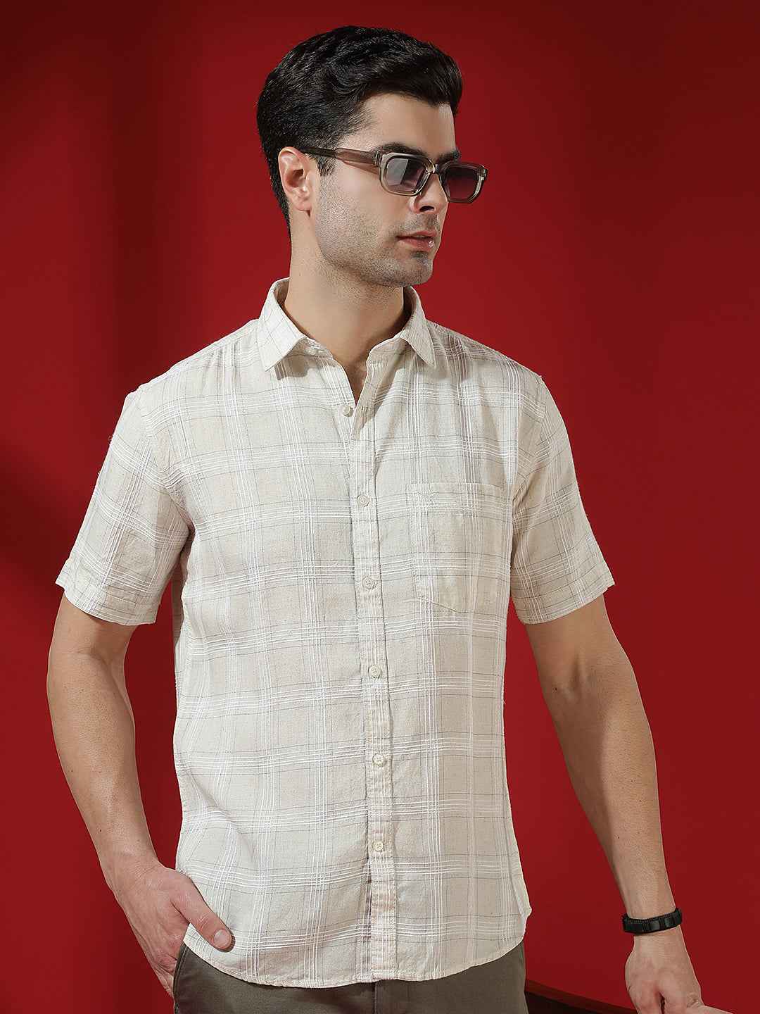 Off White Checked Linen Shirt