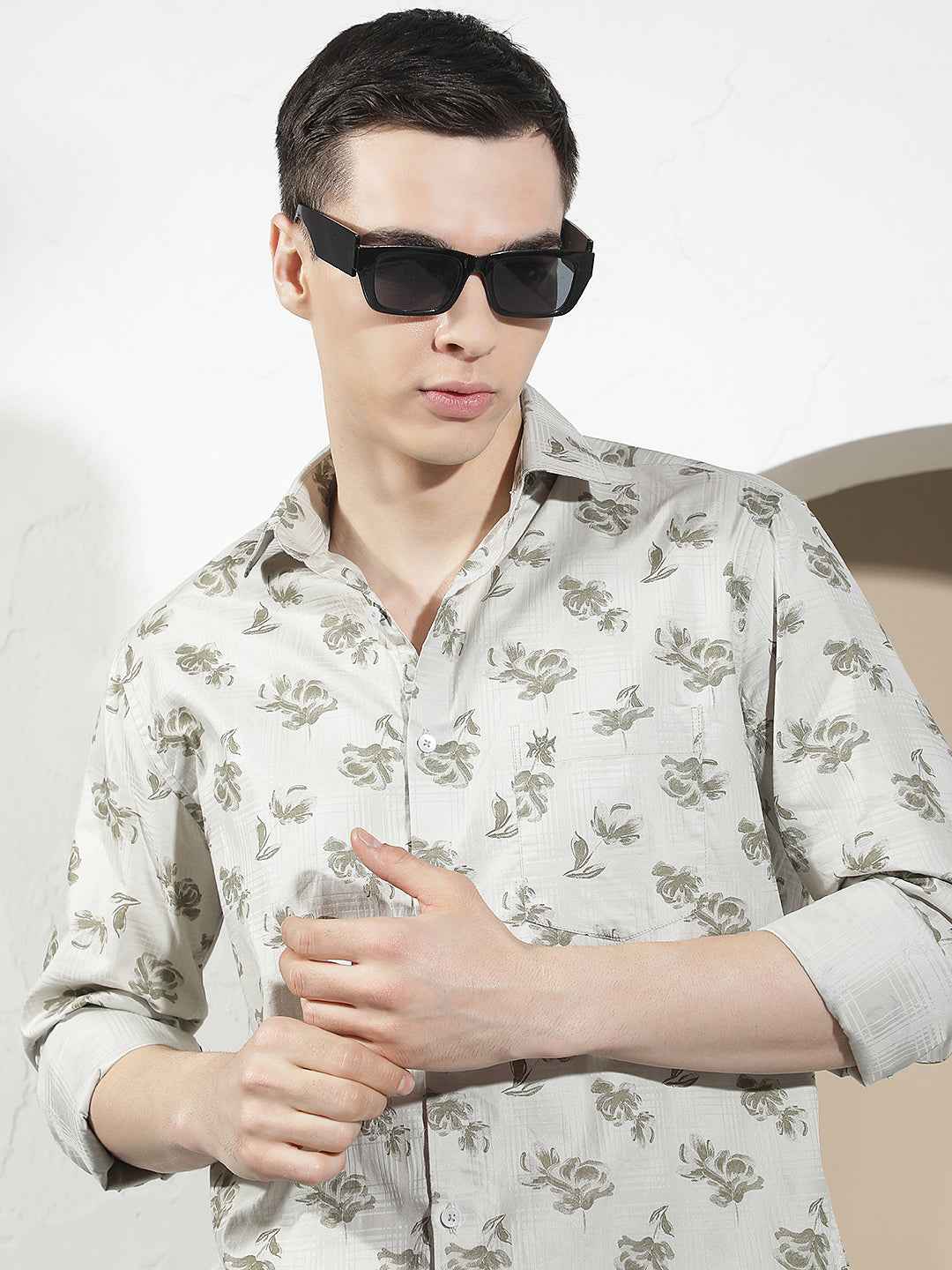 Grey Floral Print 100% Cotton Shirt