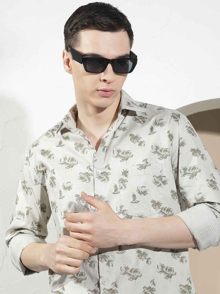 Grey Floral Print 100% Cotton Shirt