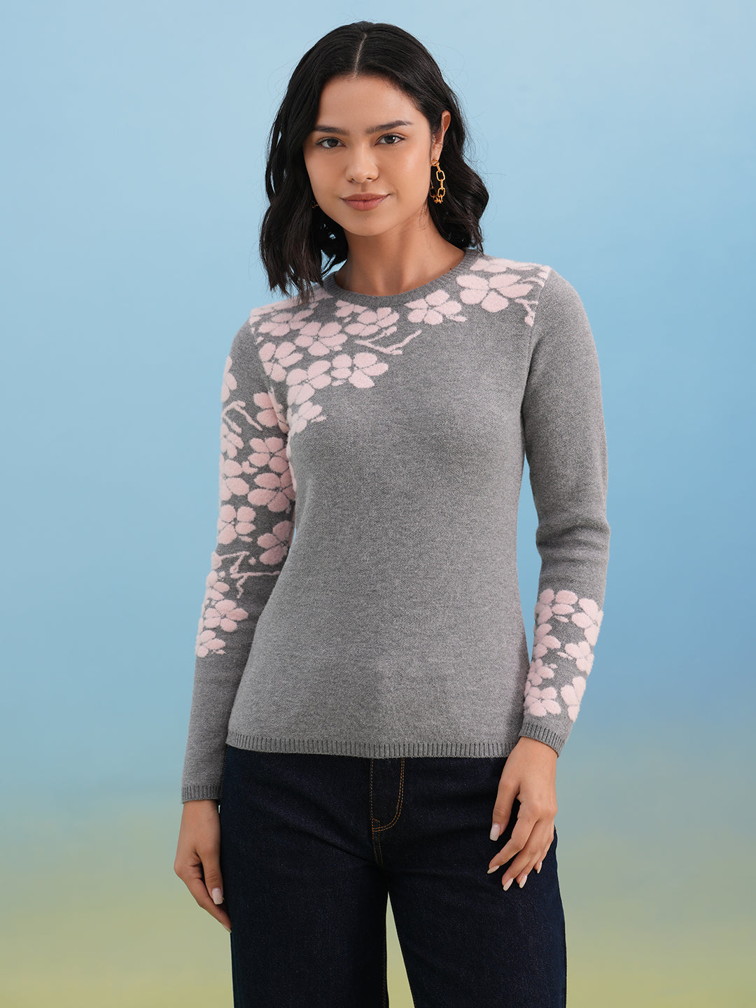 Grey Pink Floral Knit Sweater