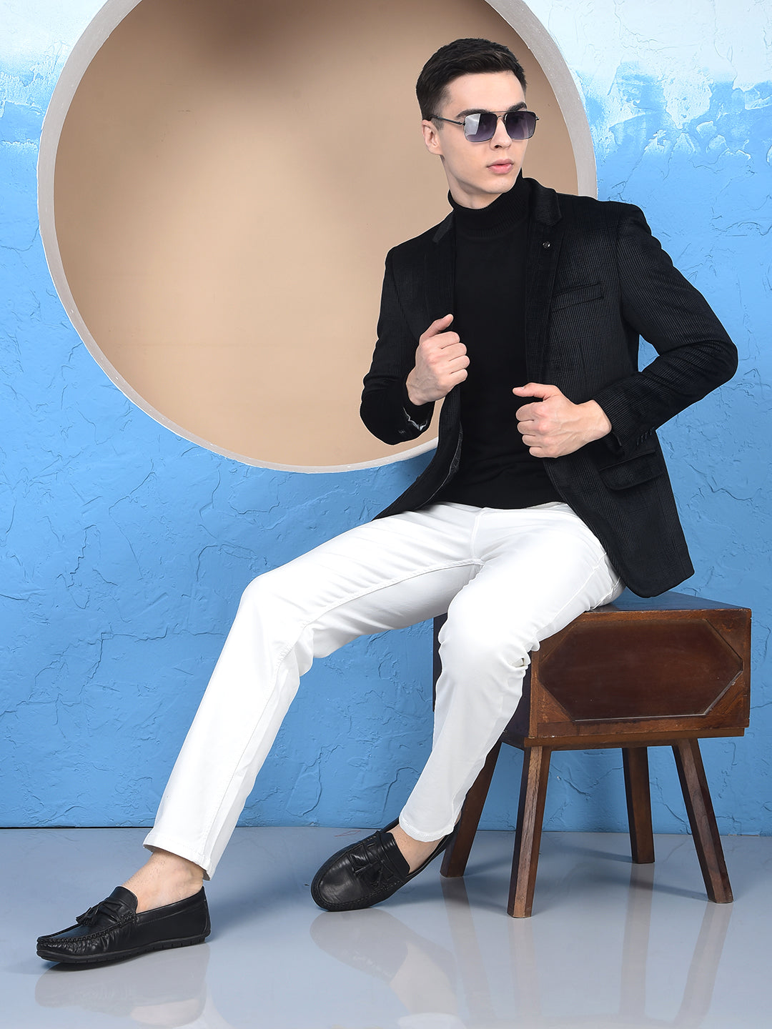 Black Checked Notched Lapel Single-Breasted Blazer