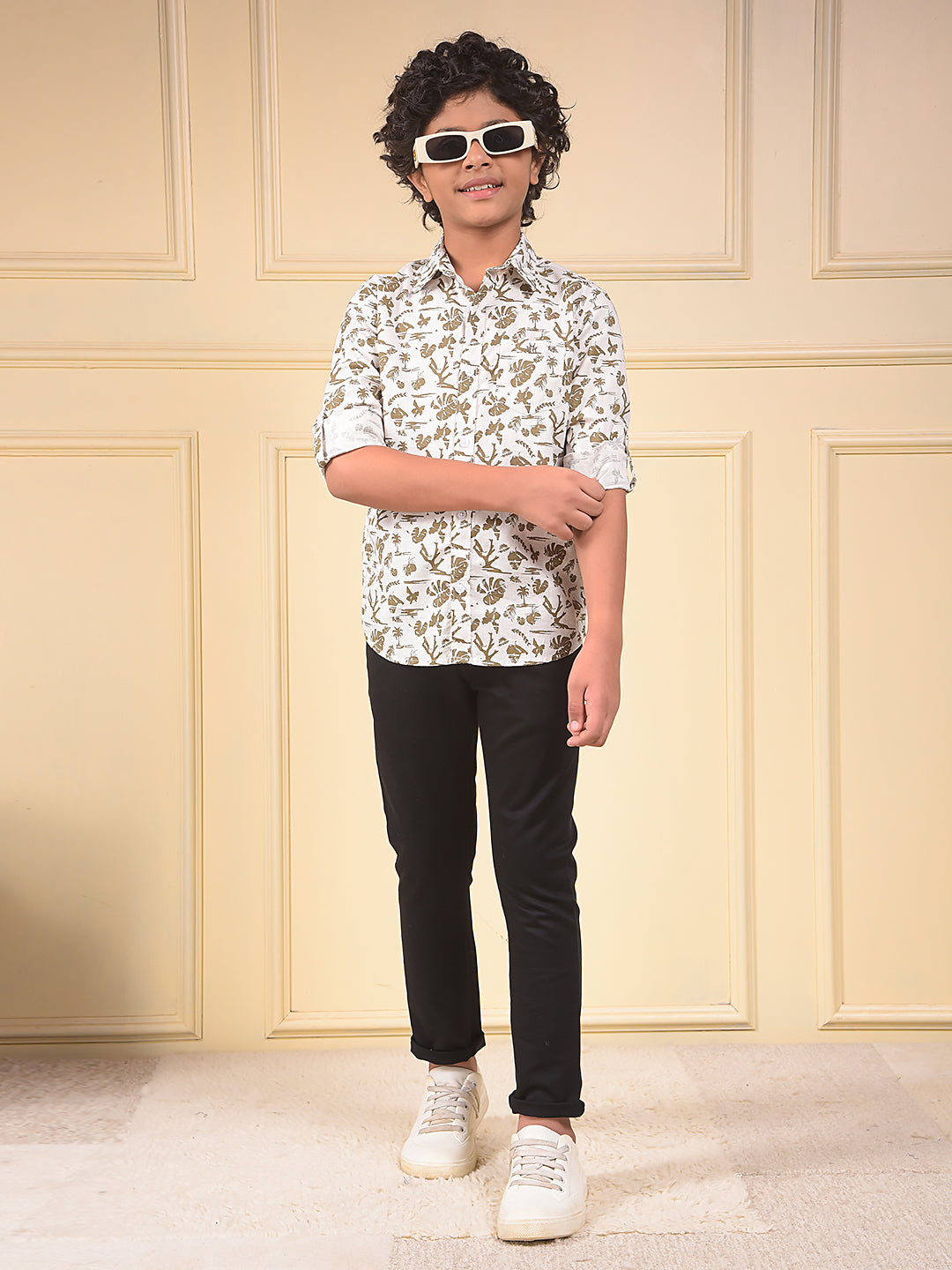 White Floral Print 100% Cotton Shirt